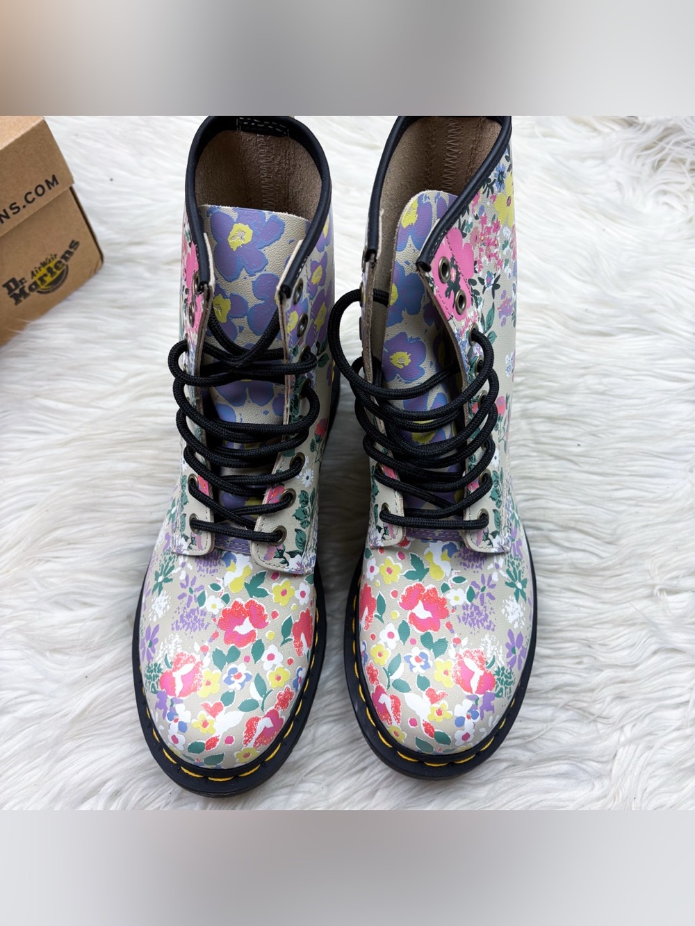 Dr. Martens 1460 Floral Mash Up Backhand Lace Up Boot Leather Parchment Beige 8 - Picture 6 of 11
